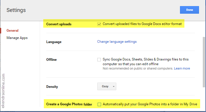 Google Drive settings for native files and Google photos integration