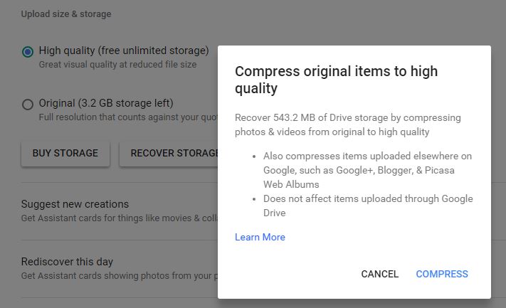 Recover Google Drive storage by compressing photos