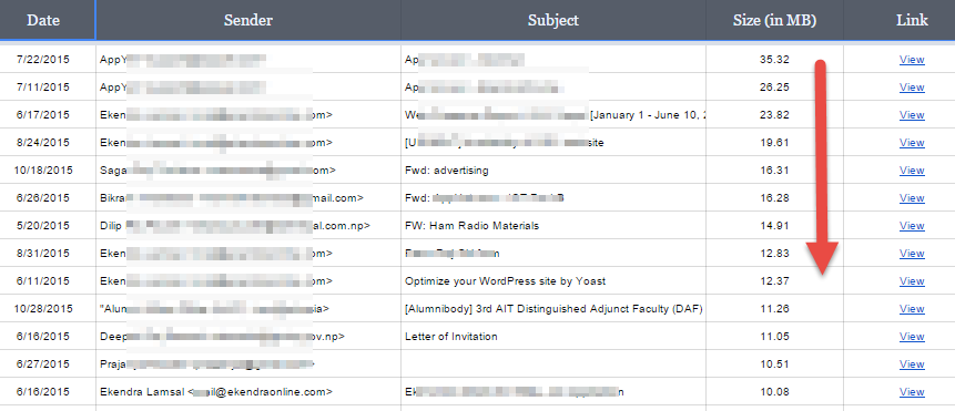 Sorting Gmail messages by size in Google Sheets