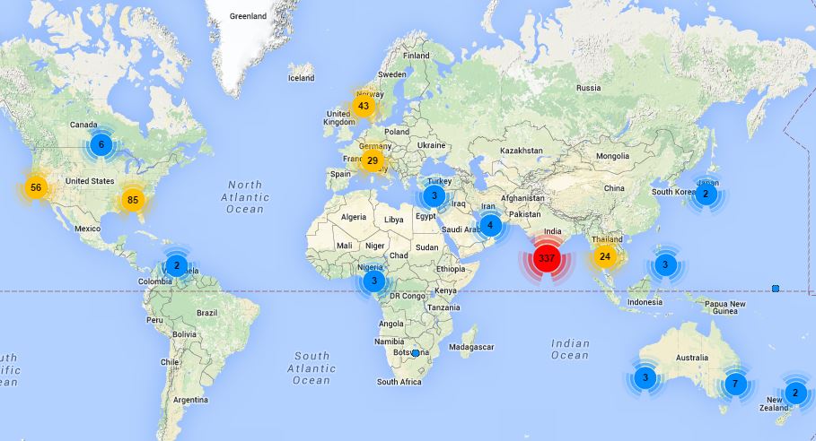 Twitter following geographic map for @Ekendra