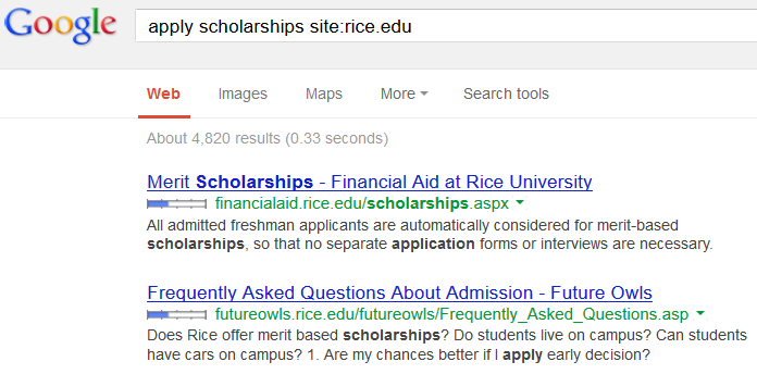 Quick Google search for Apply Scholarships at Rice University