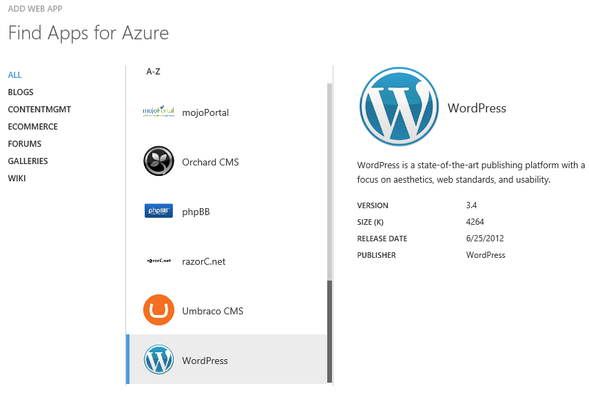 Select WordPress from Blogs section, among the available Apps for Azure
