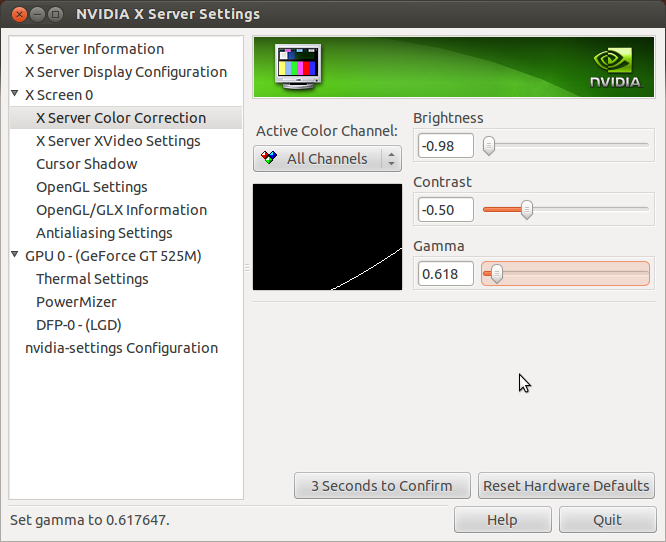 Adjusting brightness in nVidia Settings in Ubuntu, Toshiba Satellite Laptops; Adjusted status