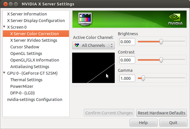 Adjusting brightness in nVidia Settings in Ubuntu, Toshiba Satellite Laptops; Default status