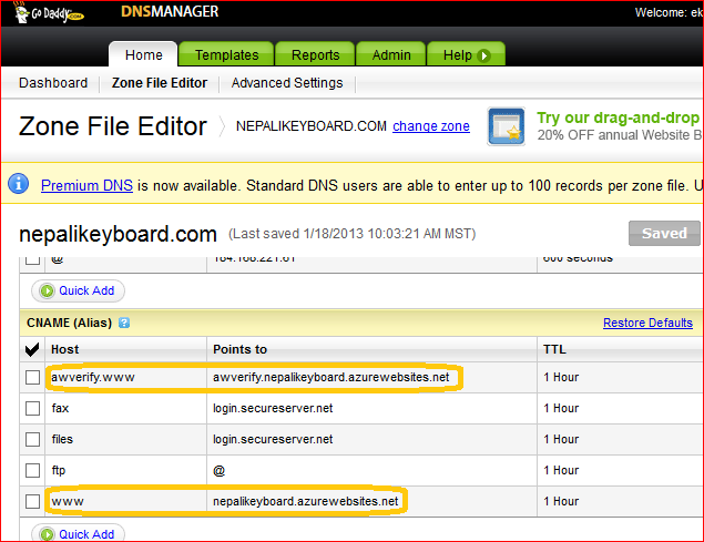 DNS Manager for editing Domain's Zone file, to alter cname to verify domain to use with Windows Azure websites