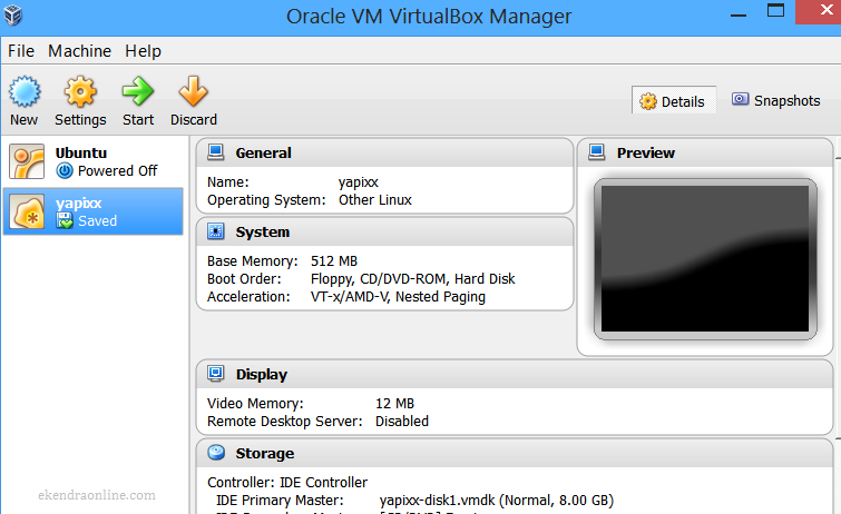 Yapixx installed in Oracle VM VirtualBox Manager 
