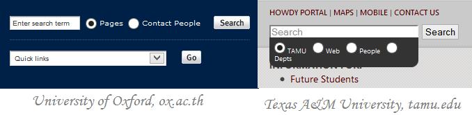 Search box of University of Oxford vs that of Texas A&M University - searching is the ultimate pathway to information in university websites.