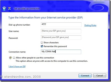 ISP info to Set up a dial-up connection, img © ekendraonline.com, 2008