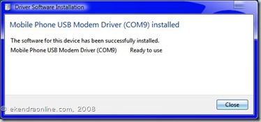 The driver software for Mobile Phone USB Modem Driver has been successful.