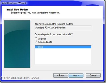 Seleting a port for Standard PCMCIA Card Modem