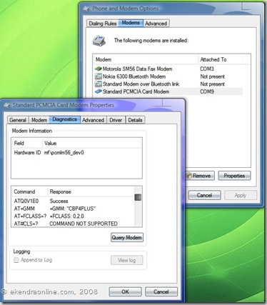 Standard PCMCIA Card Modem Properties