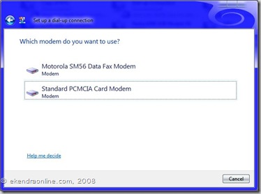 selecting a modem to set up a dial up connection, img © ekendraonline.com, 2008