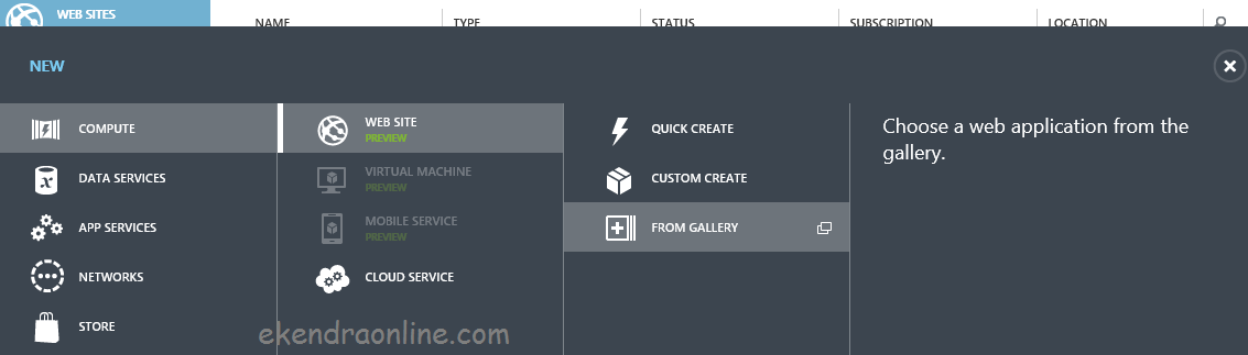 Web application gallery breadcrumb in Windows Azure Management Workspace