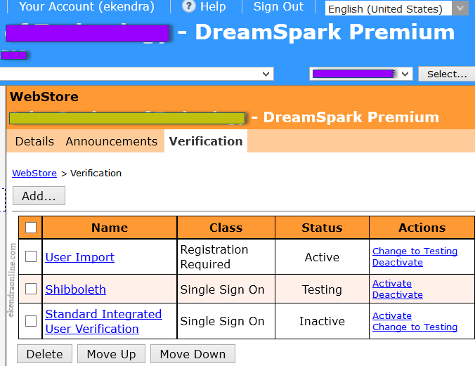 Screenshot from WebStore of DreamSpark Premium for Users verification SSO options 