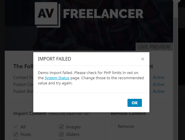 Avada Theme Freelancer Theme Demo Import Error