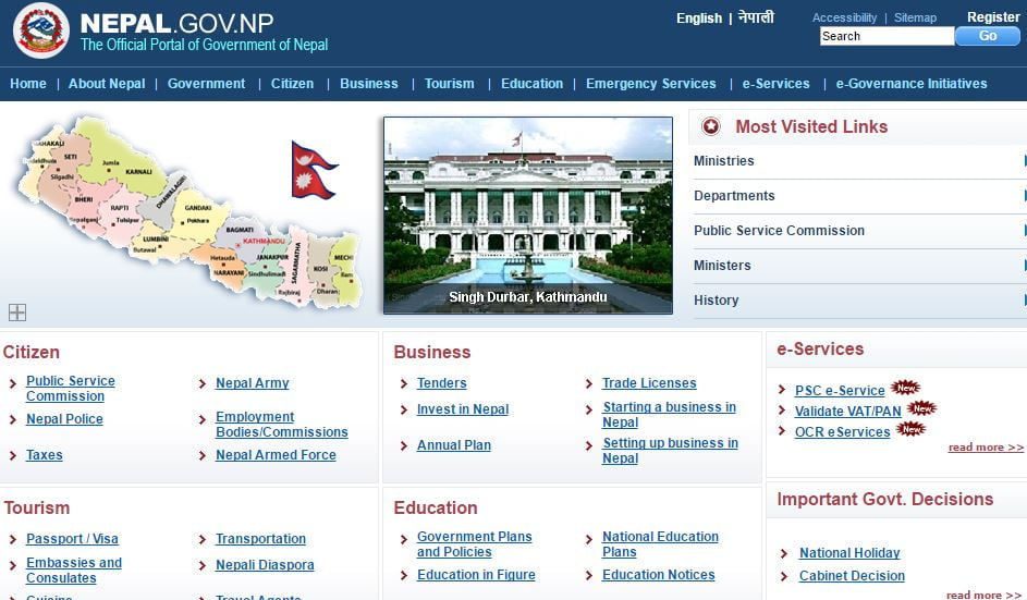 eGovernment eServices as listed in Nepal Government Official Portal